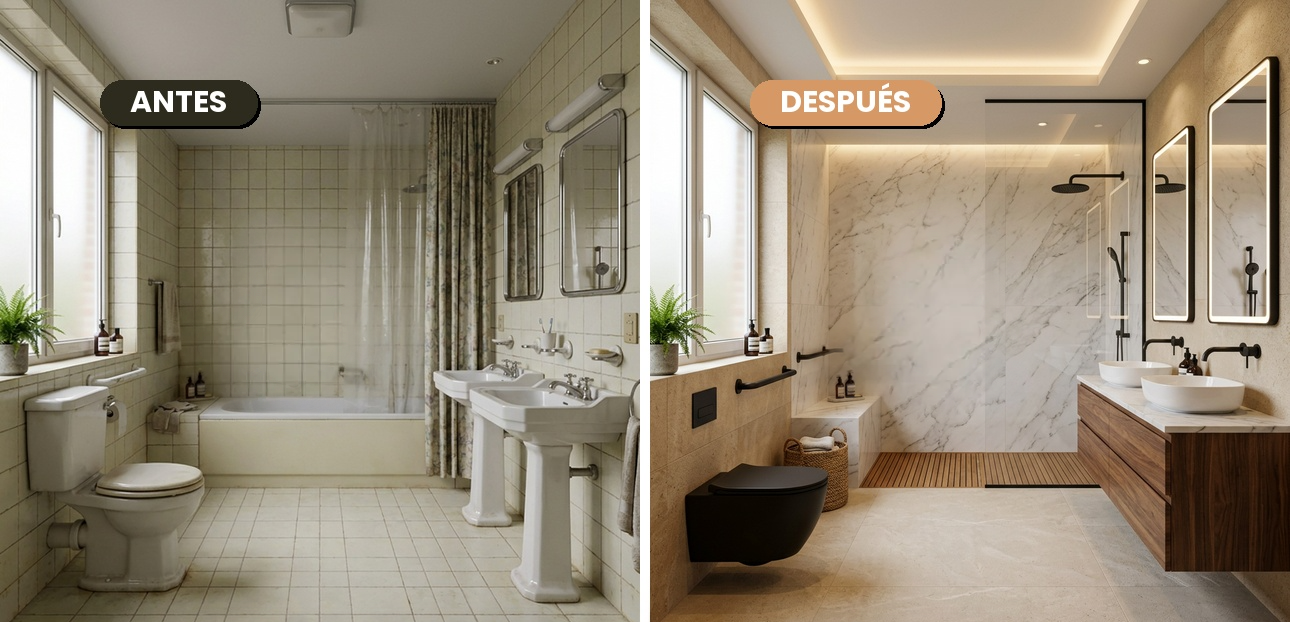 Antes y Después - Reforma de baño completa por Adecua